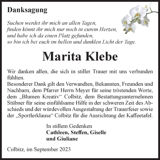 Traueranzeige von Marita Klebe von Volksstimme Haldensleben/Wolmirstedt