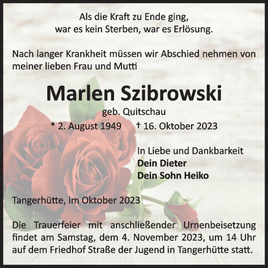 Traueranzeige von Marlen Szibrowski von Volksstimme Altmark Ost
