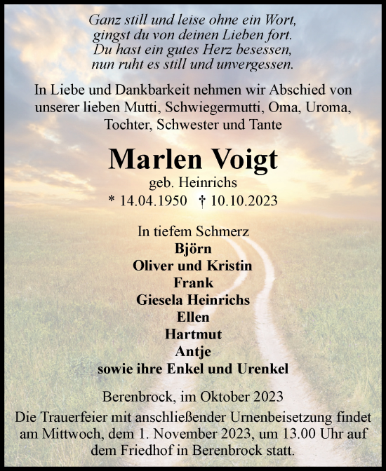 Traueranzeige von Marlen Voigt von Volksstimme Haldensleben/Wolmirstedt