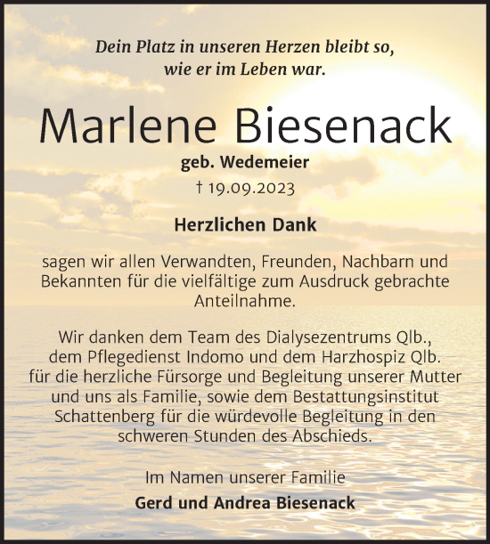 Traueranzeige von Marlene Biesenack von Trauerkombi Quedlinburg