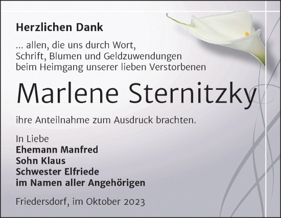 Traueranzeige von Marlene Sternitzky von Trauerkombi Bitterfeld