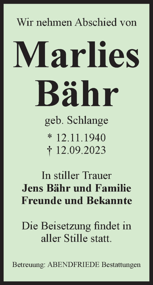 Traueranzeige von Marlies Bähr von Volksstimme Schönebeck