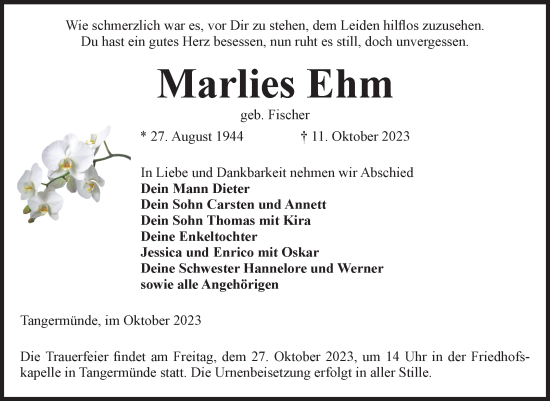 Traueranzeige von Marlies Ehm von Volksstimme Altmark Ost