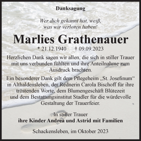Traueranzeige von Marlies Grathenauer von Volksstimme Haldensleben/Wolmirstedt