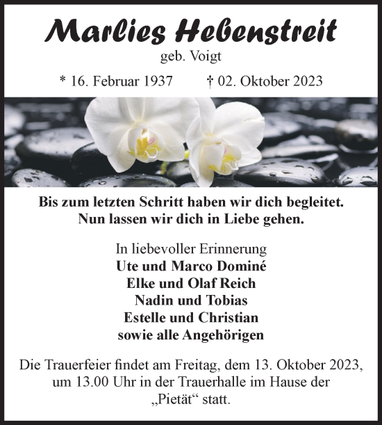 Traueranzeige von Marlies Hebenstreit von Volksstimme Burg/Genthin