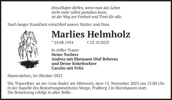 Traueranzeige von Marlies Helmholz von Volksstimme Oschersleben/Wanzleben