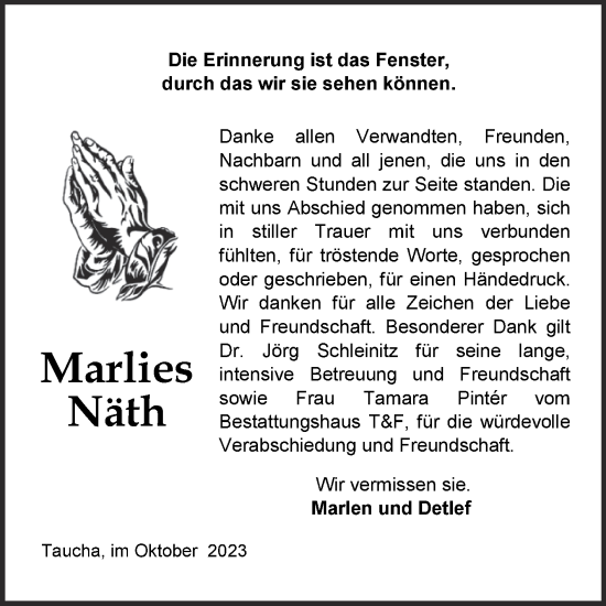 Traueranzeige von Marlies Näth von Trauerkombi Weißenfels