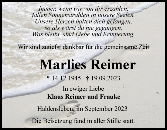 Traueranzeige von Marlies Reimer von Volksstimme Haldensleben/Wolmirstedt