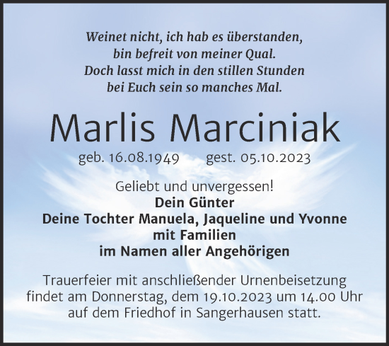 Traueranzeige von Marlis Marciniak von Trauerkombi Sangerhausen