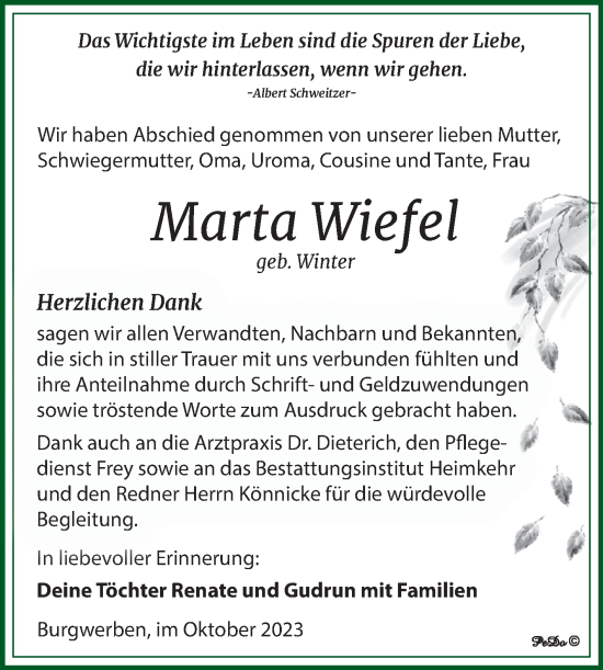 Traueranzeige von Marta Wiefel von Trauerkombi Weißenfels