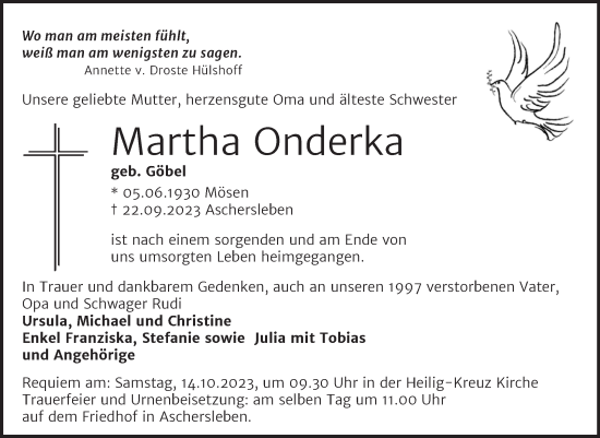 Traueranzeige von Martha Onderka von Trauerkombi Aschersleben