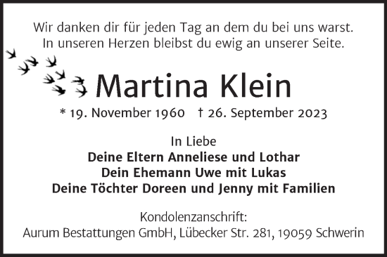 Traueranzeige von Martina Klein von Super Sonntag Quedlingburg