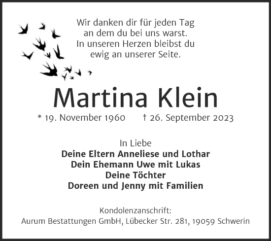 Traueranzeige von Martina Klein von Mitteldeutsche Zeitung Quedlingburg