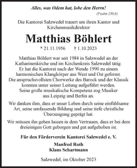Traueranzeige von Matthias Böhlert von Volksstimme Altmark West