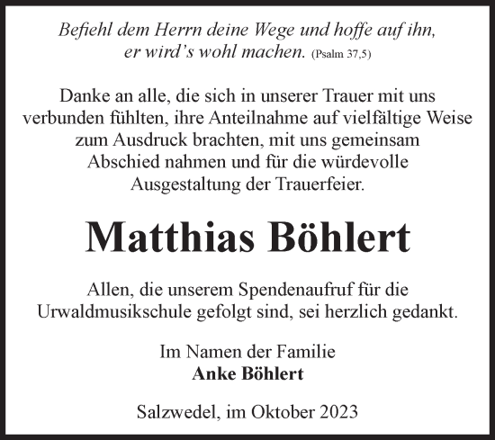 Traueranzeige von Matthias Böhlert von Volksstimme Altmark West