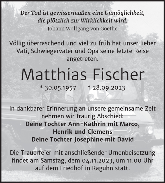 Traueranzeige von Matthias Fischer von Trauerkombi Bitterfeld
