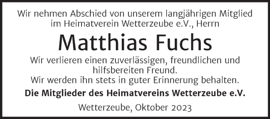 Traueranzeige von Matthias Fuchs von Trauerkombi Zeitz