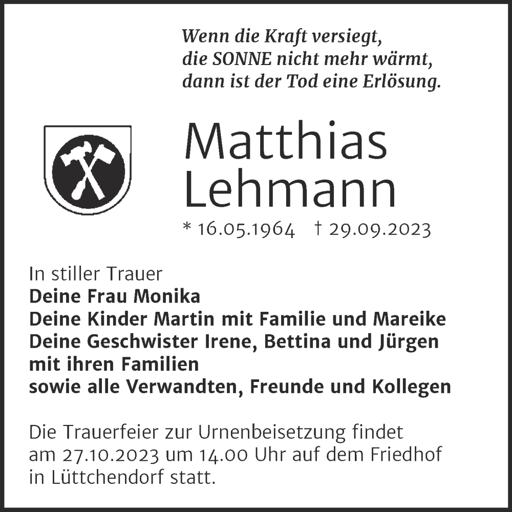  Traueranzeige für Matthias Lehmann vom 14.10.2023 aus Trauerkombi Mansfelder Land