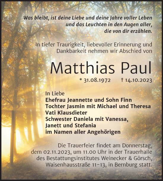 Traueranzeige von Matthias Paul von Trauerkombi Bernburg