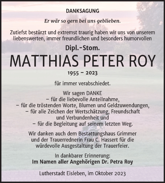 Traueranzeige von Matthias Peter Roy von Mitteldeutsche Zeitung Mansfelder Land