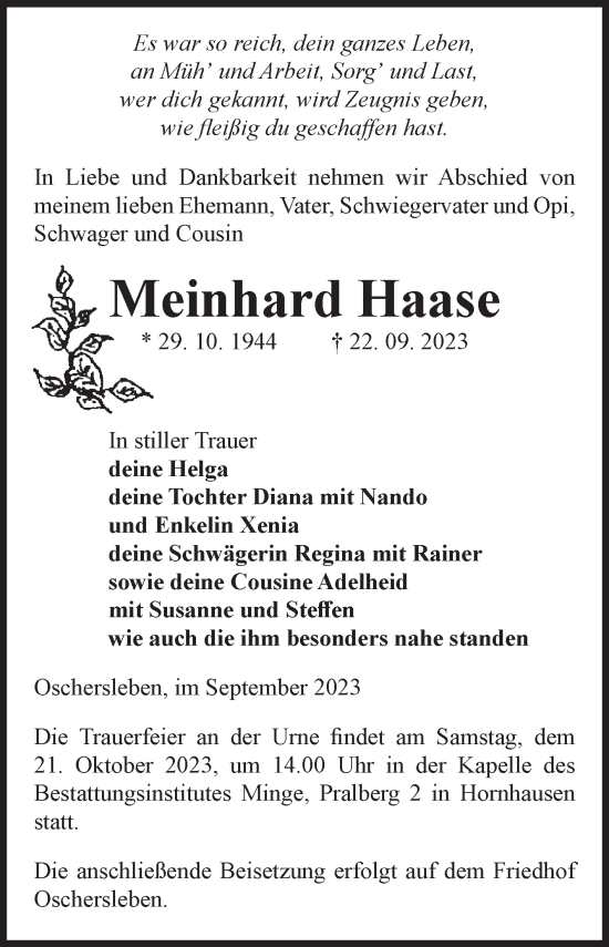 Traueranzeige von Meinhard Haase von Volksstimme Oschersleben/Wanzleben