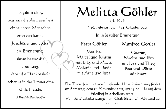 Traueranzeige von Melitta Göhler von Volksstimme Altmark Ost
