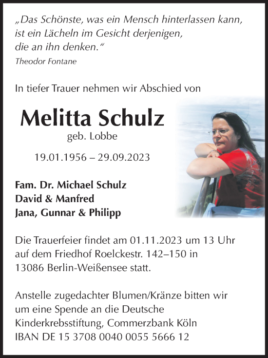 Traueranzeige von Melitta Schulz von Volksstimme Altmark Ost
