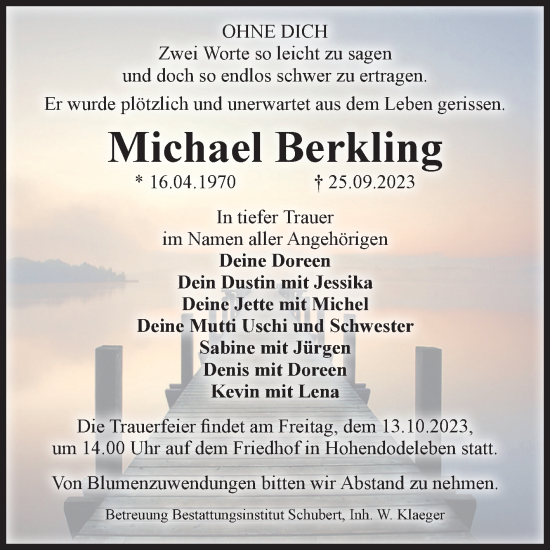Traueranzeige von Michael Berkling von Volksstimme Oschersleben/Wanzleben