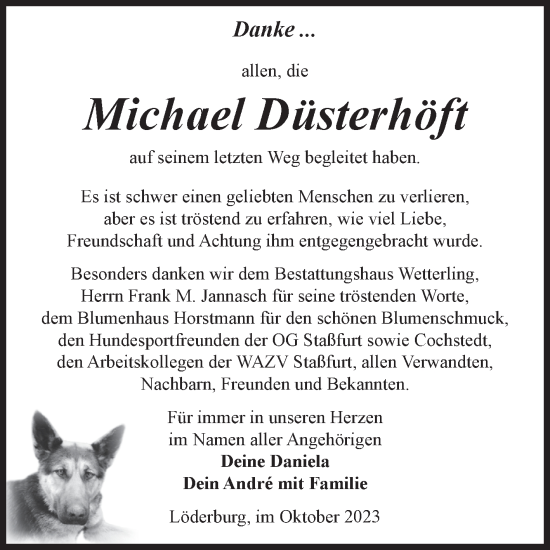 Traueranzeige von Michael Düsterhöft von Volksstimme Staßfurt