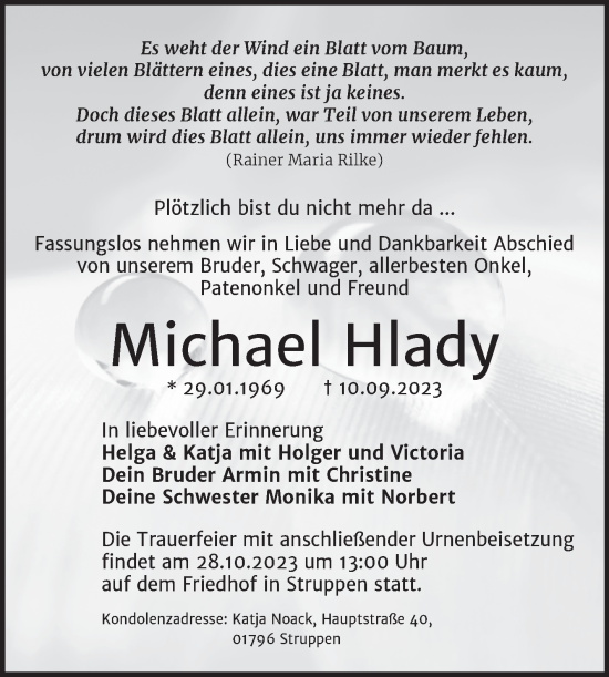 Traueranzeige von Michael Hlady von Trauerkombi Merseburg