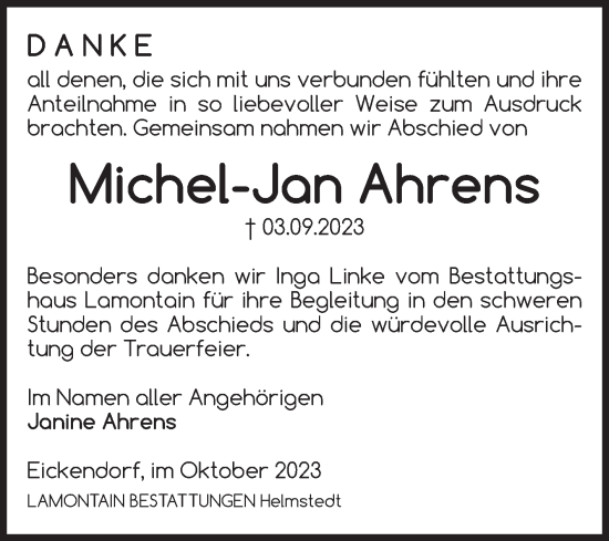 Traueranzeige von Michel-Jan Ahrens von Volksstimme Haldensleben/Wolmirstedt