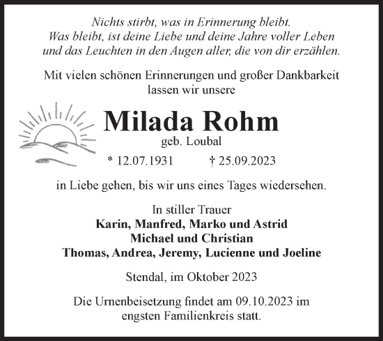 Traueranzeige von Milada Rohm von Volksstimme Altmark Ost