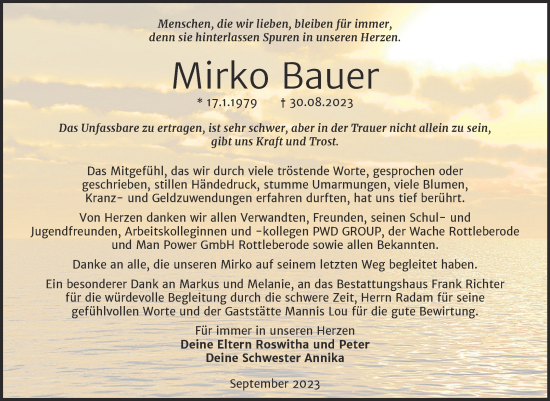 Traueranzeige von Mirko Bauer von Trauerkombi Sangerhausen