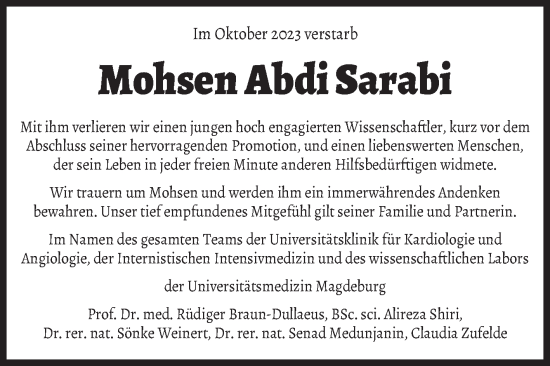 Traueranzeige von Mohsen Abdi Sarabi von Volksstimme Magdeburg