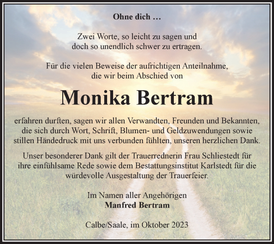 Traueranzeige von Monika Bertram von Volksstimme Schönebeck