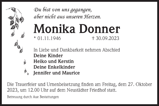 Traueranzeige von Monika Donner von Volksstimme Magdeburg