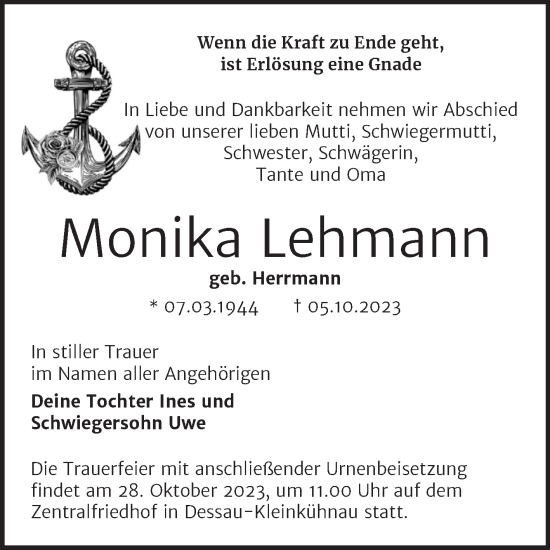 Traueranzeige von Monika Lehmann von Trauerkombi Dessau