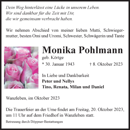 Traueranzeige von Monika Pohlmann von Volksstimme Oschersleben/Wanzleben