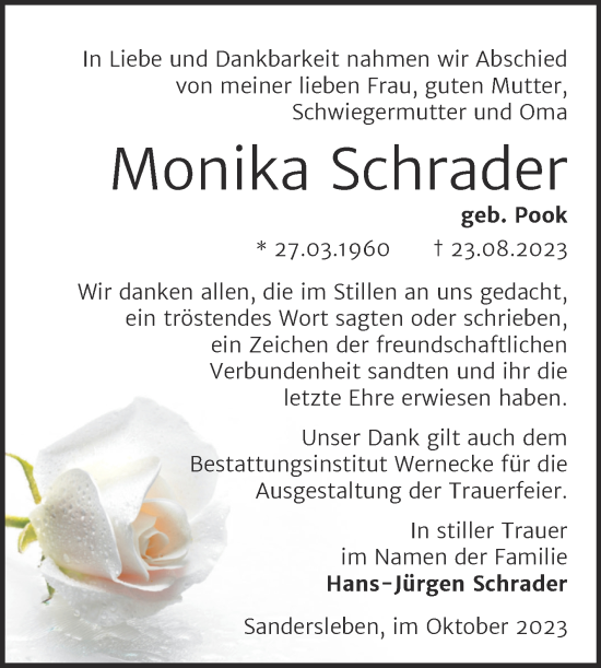 Traueranzeige von Monika Schrader von Trauerkombi Mansfelder Land