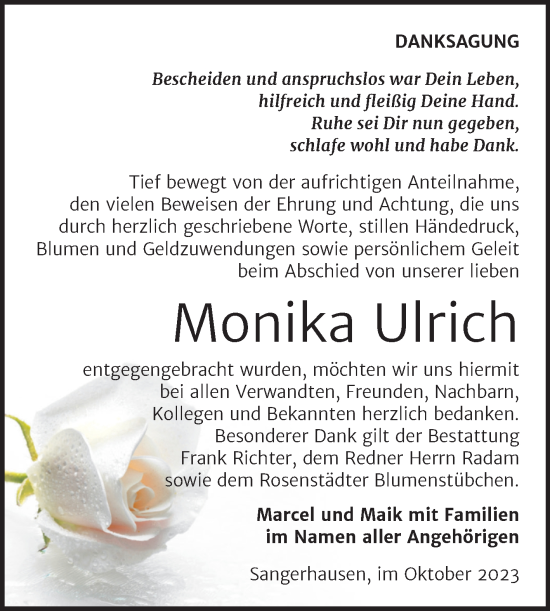 Traueranzeige von Monika Ulrich von Trauerkombi Sangerhausen