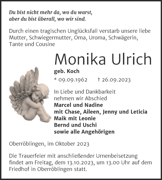 Traueranzeige von Monika Ulrich von Trauerkombi Sangerhausen