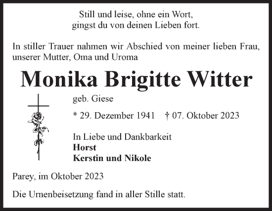 Traueranzeige von Monika Brigitte Witter von Volksstimme Burg/Genthin