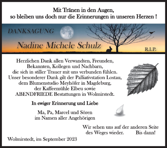 Traueranzeige von Nadine Michele Schulz von Volksstimme Haldensleben/Wolmirstedt