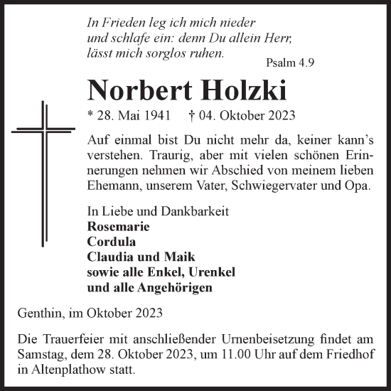 Traueranzeige von Norbert Holzki von Volksstimme Burg/Genthin