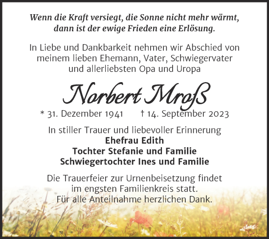 Traueranzeige von Norbert Mroß von Trauerkombi Merseburg