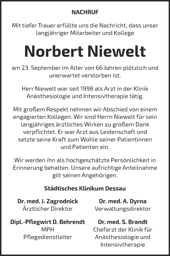 Traueranzeige von Norbert Niewelt von Mitteldeutsche Zeitung Dessau-Roßlau