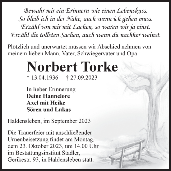 Traueranzeige von Norbert Torke von Volksstimme Haldensleben/Wolmirstedt