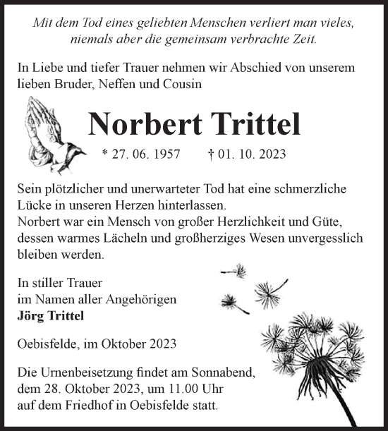 Traueranzeige von Norbert Trittel von Volksstimme Altmark West