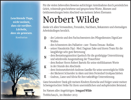 Traueranzeige von Norbert Wilde von Trauerkombi Köthen