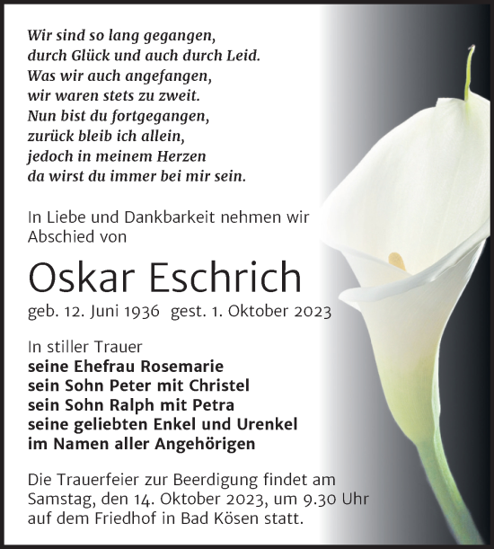 Traueranzeige von Oskar Eschrich von Wochenspiegel Naumburg/Nebra